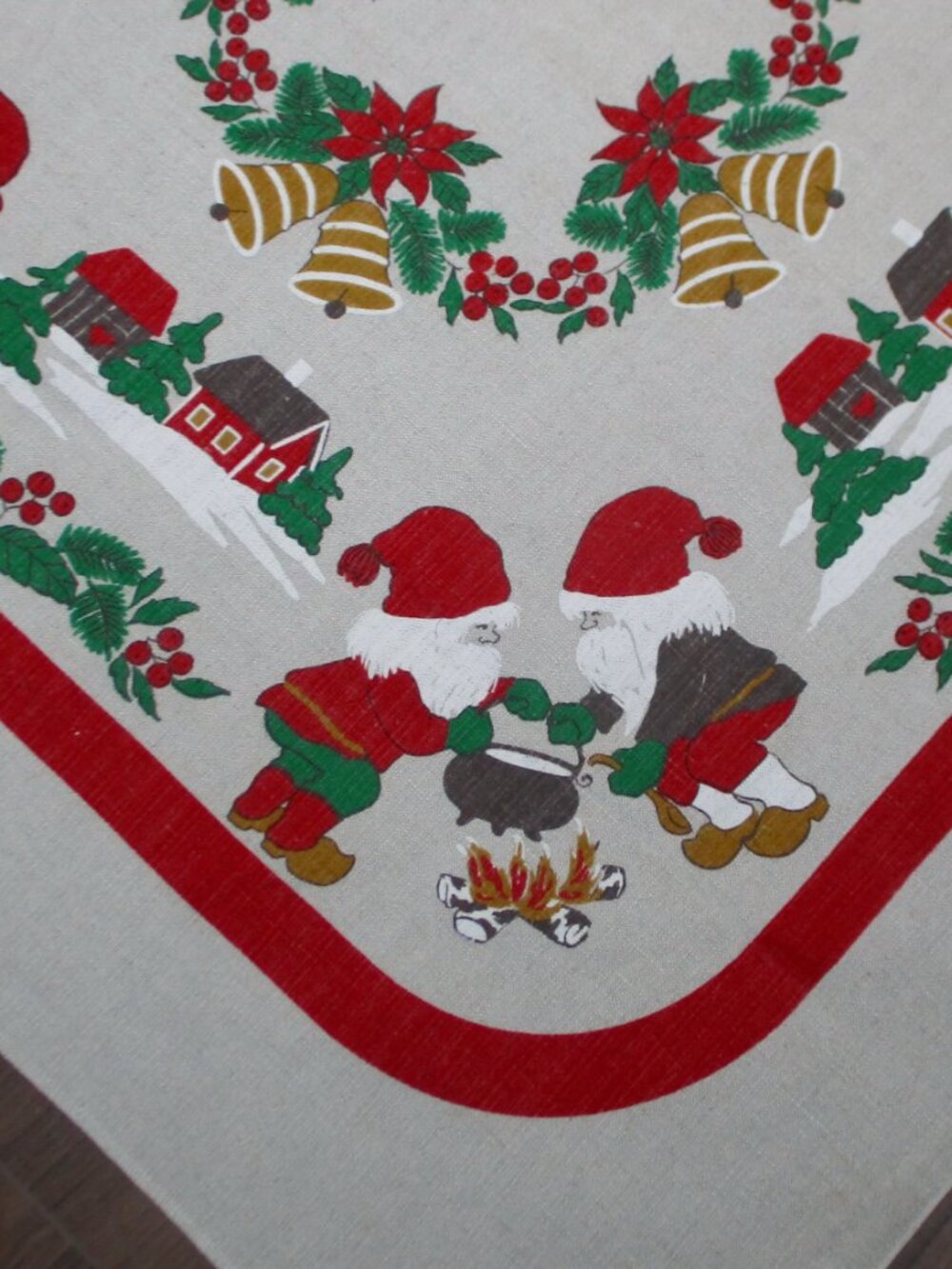 Vtg Christmas Tablecloth Elves Bells Poinsettias Linen, 23.5 in. Square - Picture 4 of 8